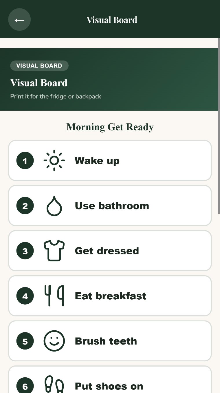 A Visual Board in Bloom Autism Support: the morning steps, each with a picture.