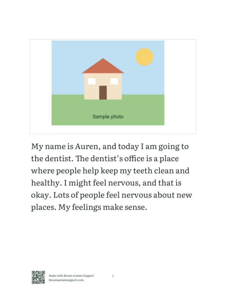 A page of a social story about going to the dentist, made for Auren, the demo child, with a photo above the words.