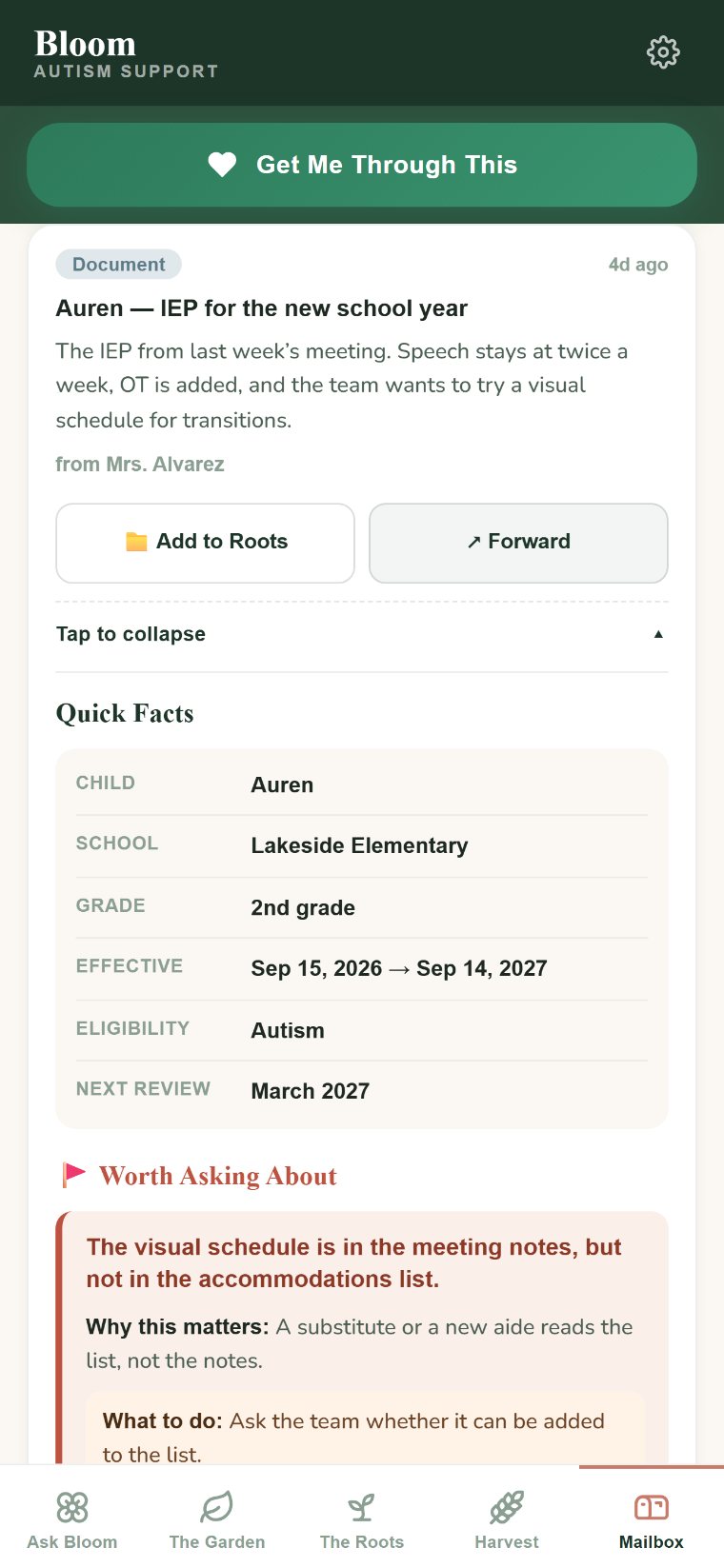 The Mailbox in Bloom Autism Support, showing an IEP email for Auren, the demo child, with quick facts and a question worth asking.