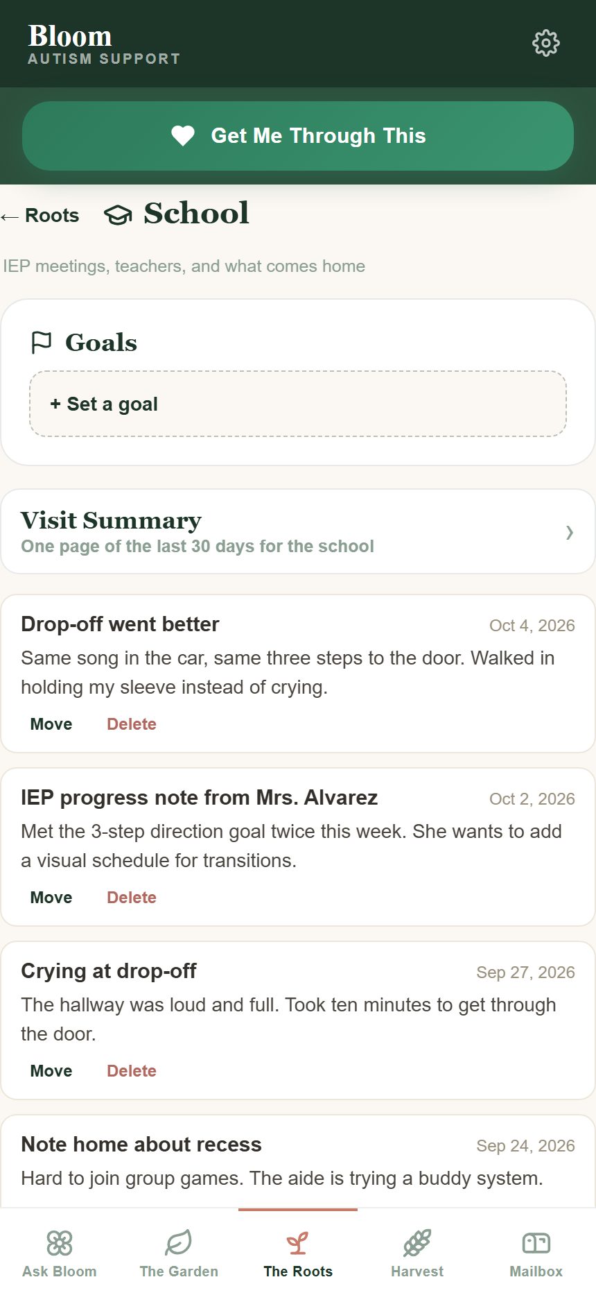 The School page in Bloom Autism Support, with Auren’s notes listed by date