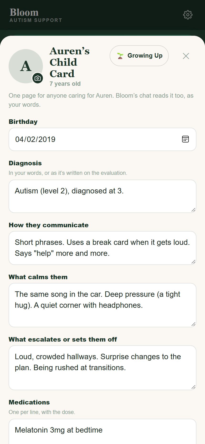 Auren’s Child Card: diagnosis, how Auren communicates, what calms and what escalates, medications