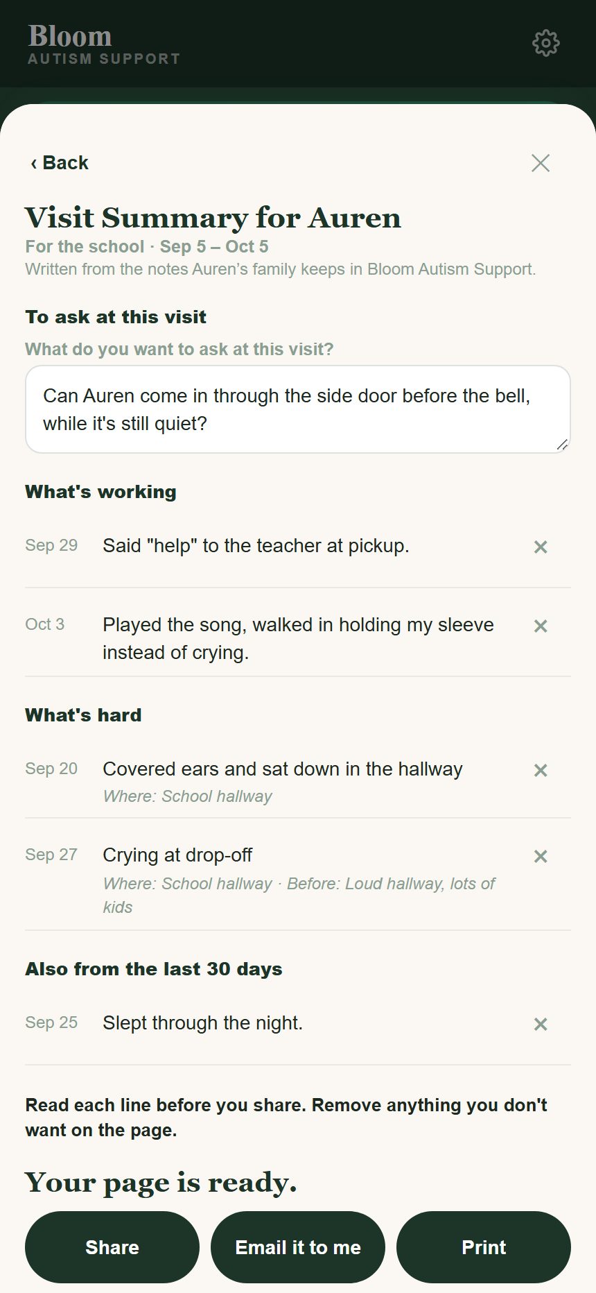 A Visit Summary for Auren’s school: a question to ask, what’s working and what’s hard, each with a date